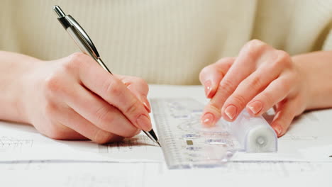 hands drafting on blueprints with a ruler and pen
