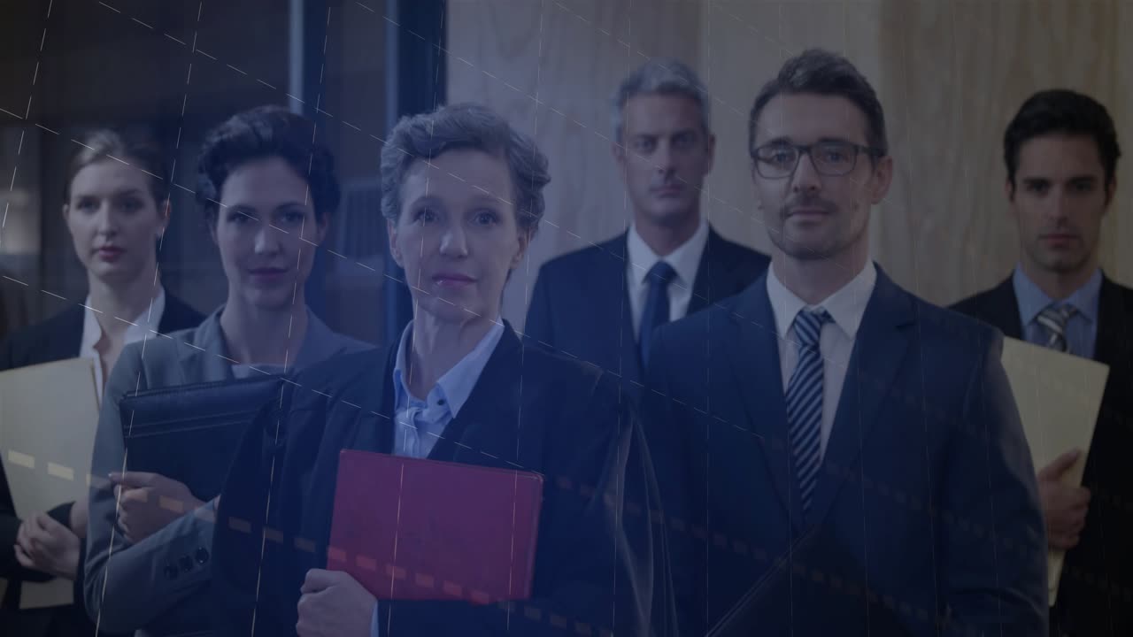 Six execs standing in lobby on data update animating bars and lines covering group showing results