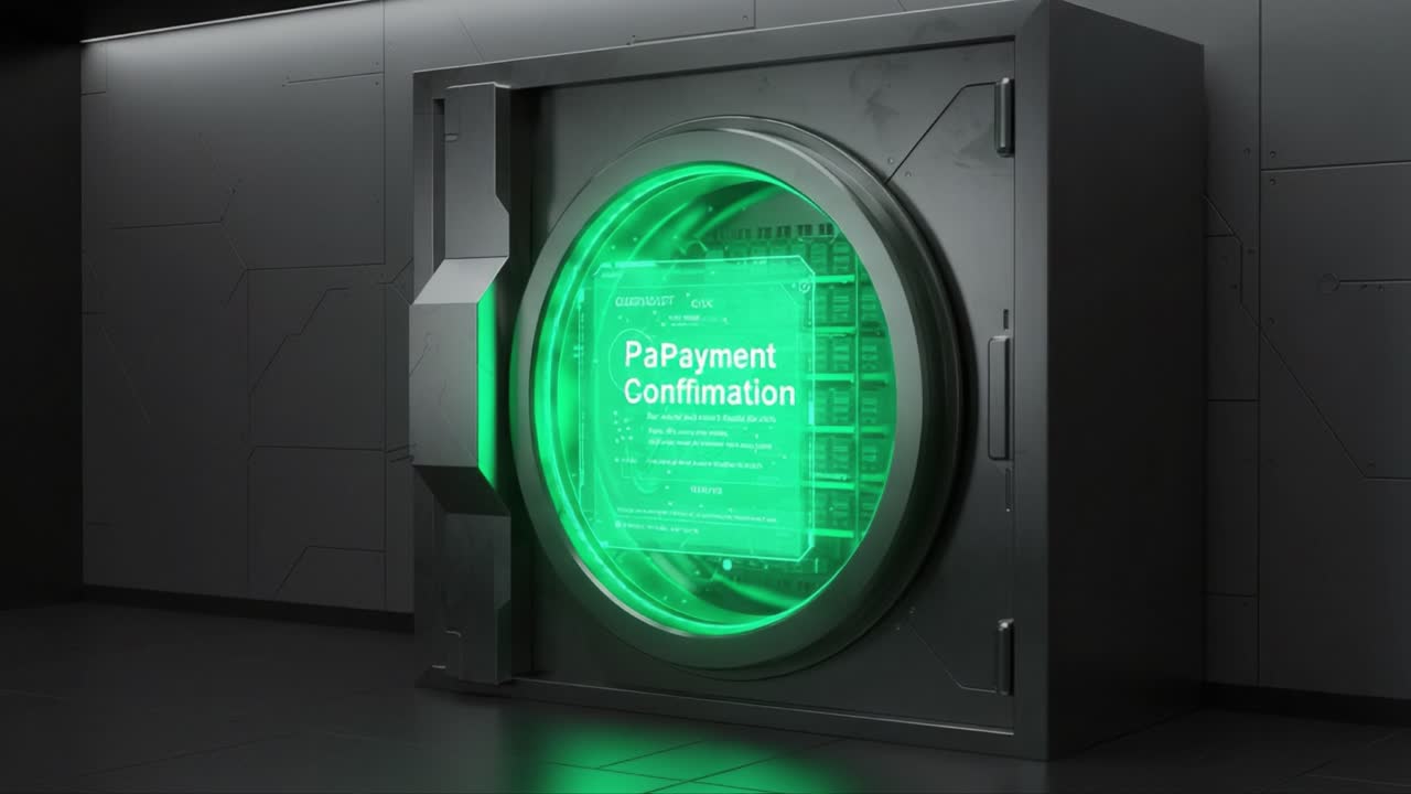 A Futuristic Vault with a Green Glow Displaying Payment Confirmation, Showcasing the Technological Advancements in Secure Transaction Processing Systems