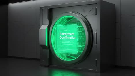 a futuristic vault with a green glow displaying payment confirmation, showcasing the technological advancements in secure transaction processing systems