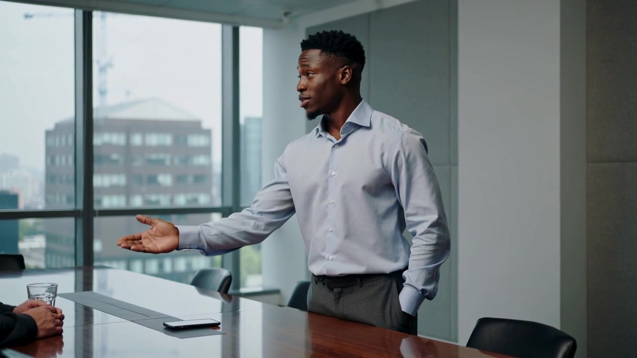 Presenting man in blue shirt facing peer, gesturing, explaining plan in office, phone, copy space