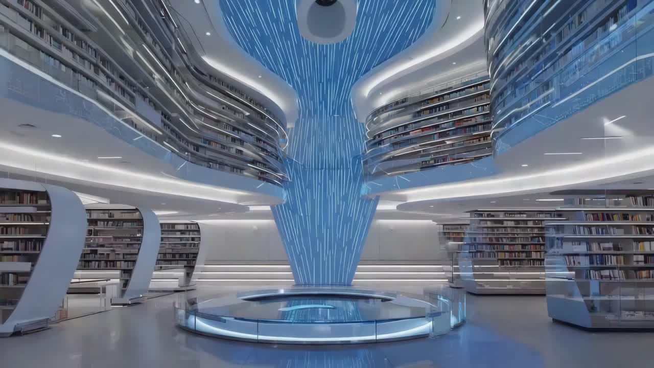 Futuristic Library Interior with Blue Lighting