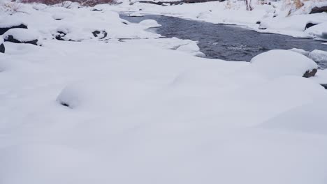 Cold-Winter-Landscape,-Mountain-Creek-and-Snow-Capped-Fields-on-Cold-Day