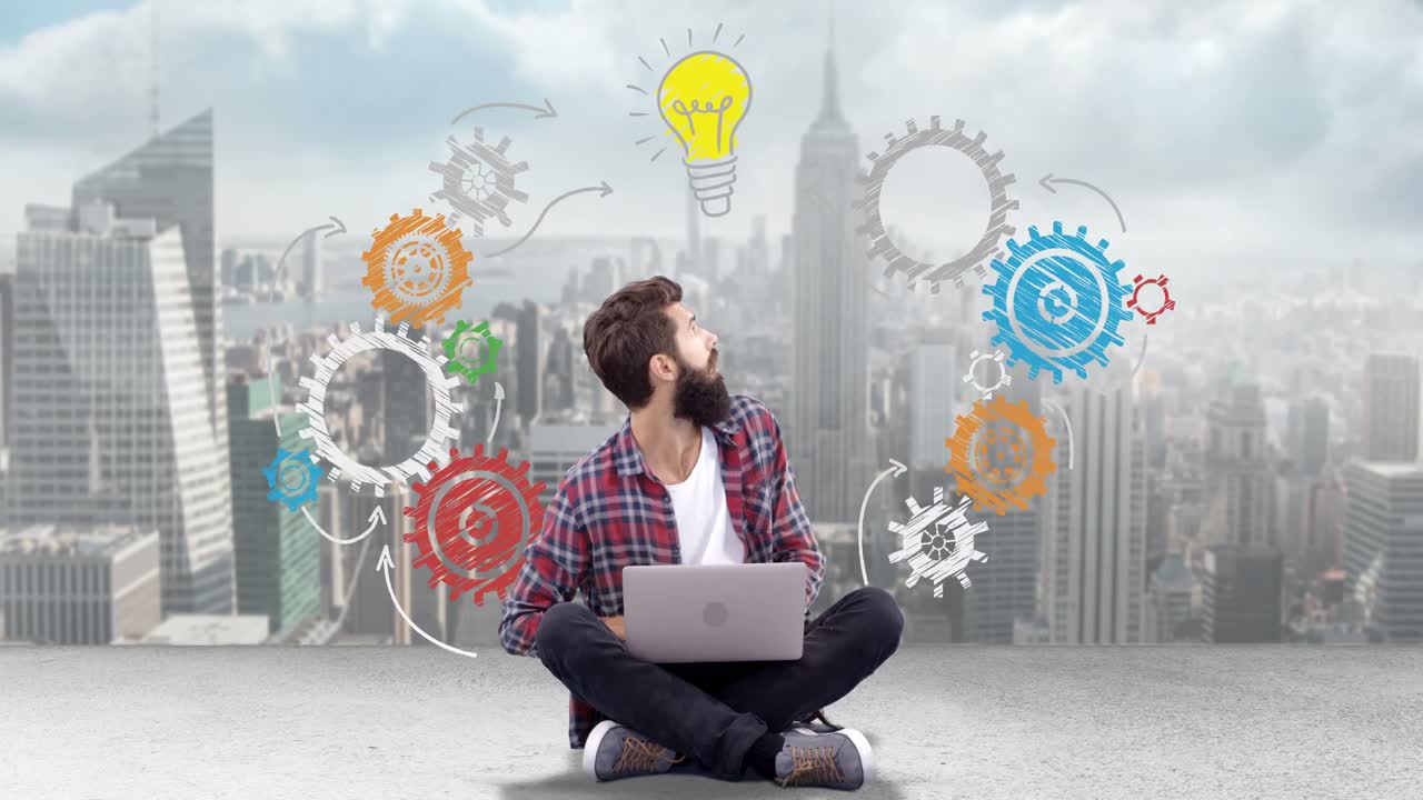 imagen compuesta digital de un hombre usando una computadora portátil