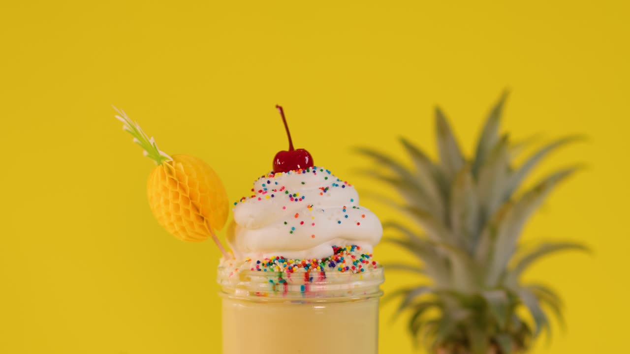 Hand places curly straw in creamy pineapple milkshake topped with whipped cream, cherry, sprinkles