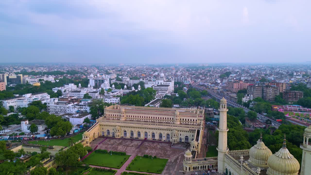 Husainabad Clock Tower and Bada Imambara India Architecture view from drone