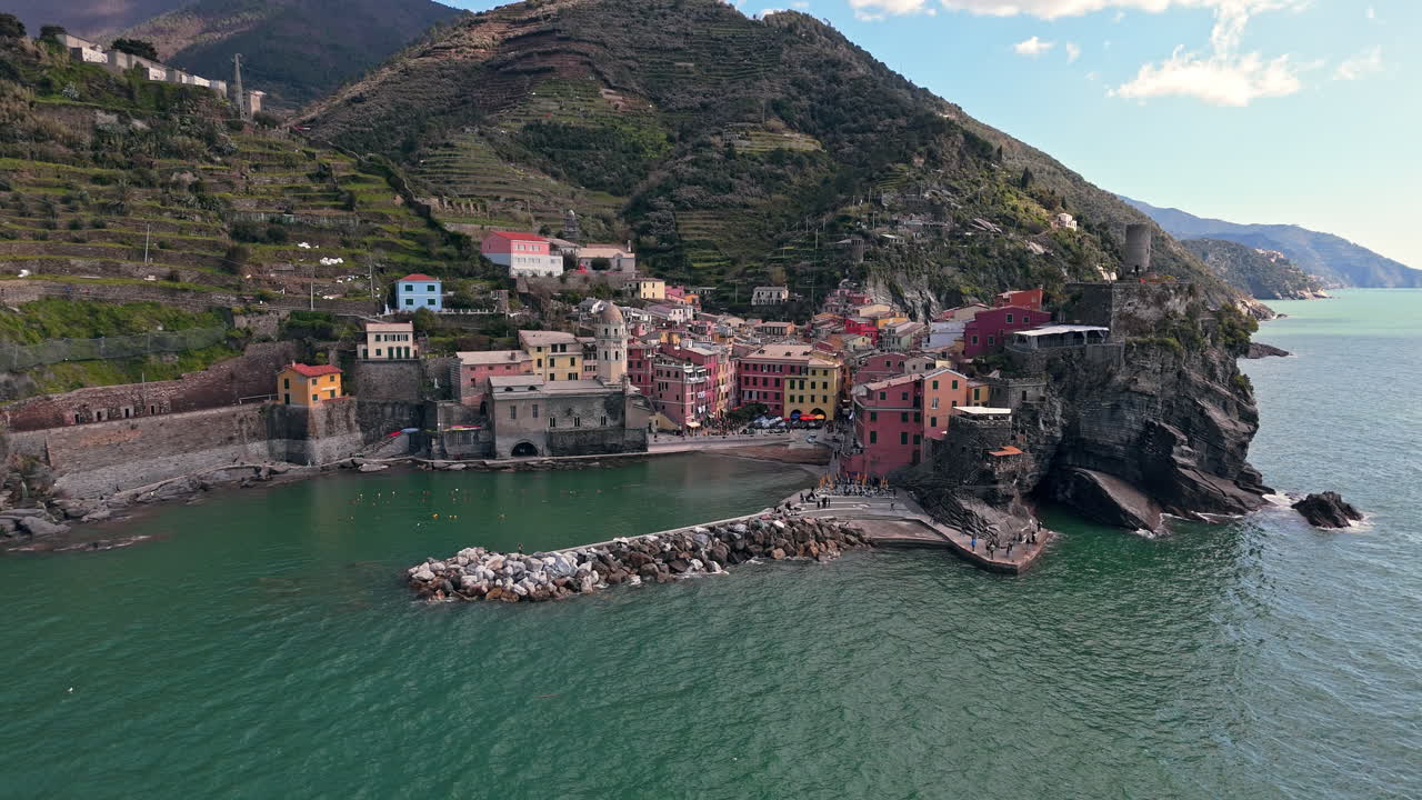 Vernazza, Cinque Terre, Italy, showing colorful buildings along the coastline with crystal-clear waters