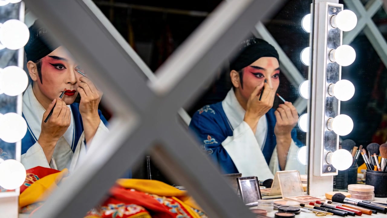 Cueing performer in embroidered robe and black cap applying dramatic stage makeup at vanity mirror