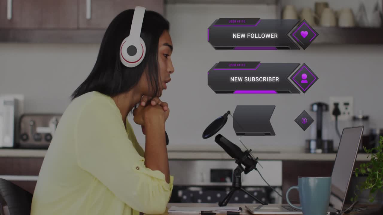 Animation of social media data and icons over biracial woman on makeup vlog