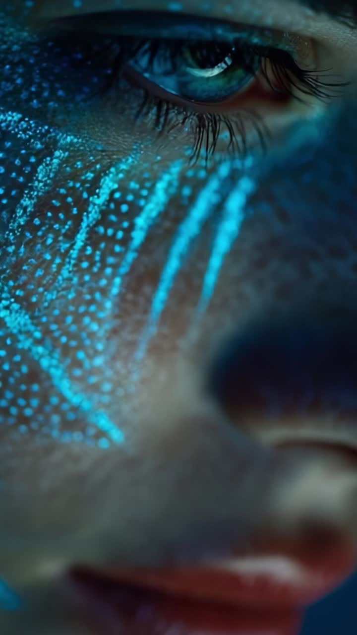 A Close-Up Exploration of Iridescent Patterns on a Face, Illuminated with a Mesmerizing Blue Light, Capturing the Intriguing Relationship Between Art and Human Expression