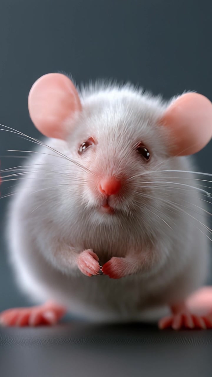 Adorabile Topo Bianco con Orecchie e Naso Rosa, Catturato in Primo Piano: Che Mostra le Sue Caratteristiche Uniche e la Sua Espressione Affascinante Mentre è Seduto su uno Sfondo Scuro.