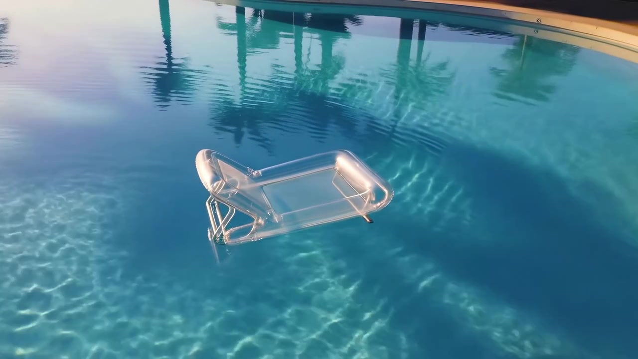 A clear inflatable lounge chair floats near the lower center of a blue swimming pool, with shimmering ripples, palm reflections, and warm sunlight across the