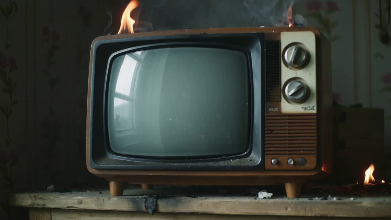 Scintillante TV CRT vintage, manopole rotative che scricchiolano e si illuminano su un tavolo di legno in casa, braci che cadono