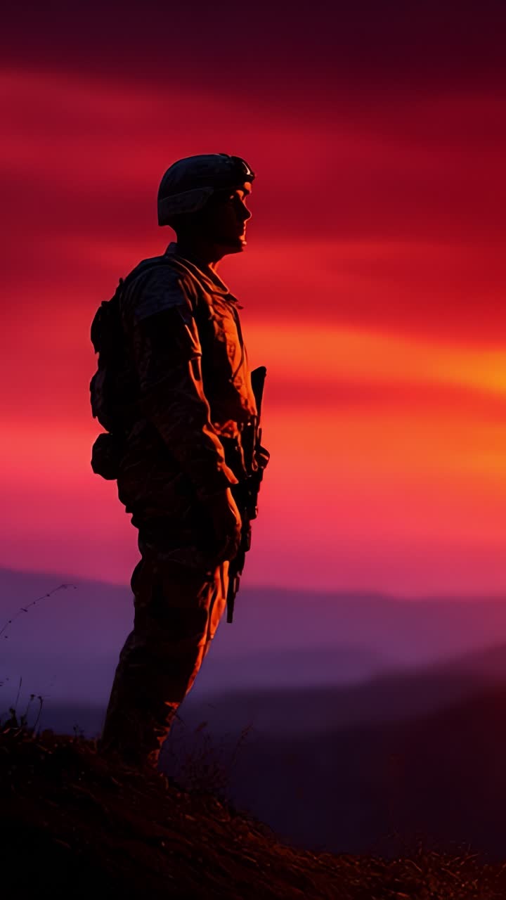 A Solemn Soldier Silhouetted Against a Breathtaking Sunset, Capturing a Moment of Reflection in a Beautifully Colored Sky at Dusk