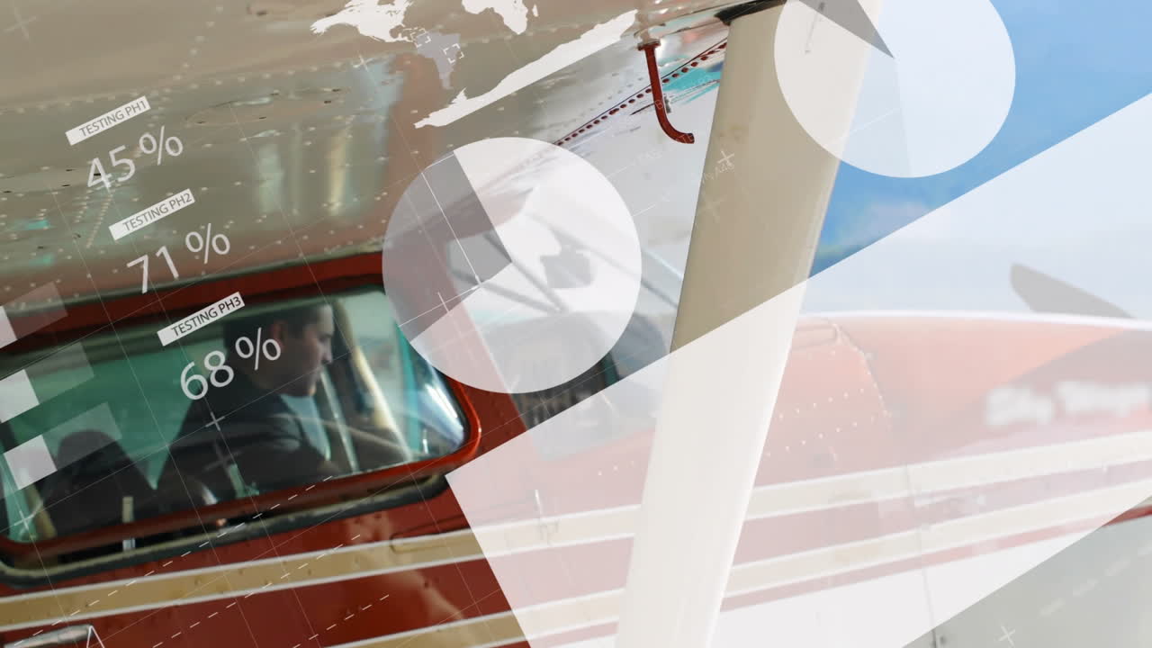 Animation of data visualization and percentage graphics overlay in airplane cockpit