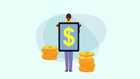 afro businessman worker with smartphone and coins ecommerce app