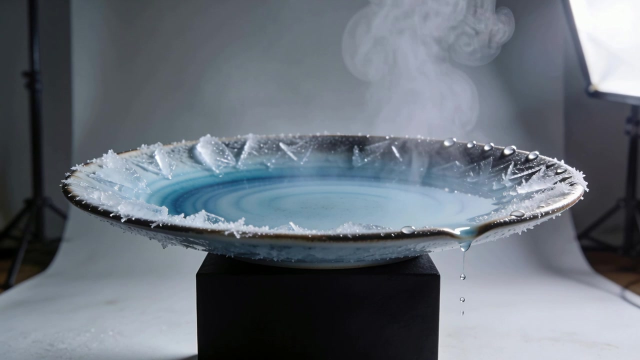 Sich bildender Tropfen am gefrosteten Rand lässt blaue Platte auf schwarzem Podest tropfen, Hintergrund mit Dampf