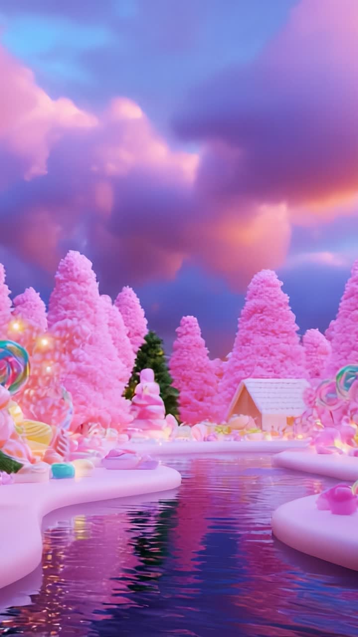 A Whimsical Landscape of Dreamy Candy Trees and Vibrant Pink Forests Reflecting on a Calm River Surface Under a Beautiful Sky Filled with Colorful Clouds in a Fantasy World
