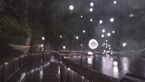 bolas de luz navideña decorando un estanque en un parque, noche lluviosa
