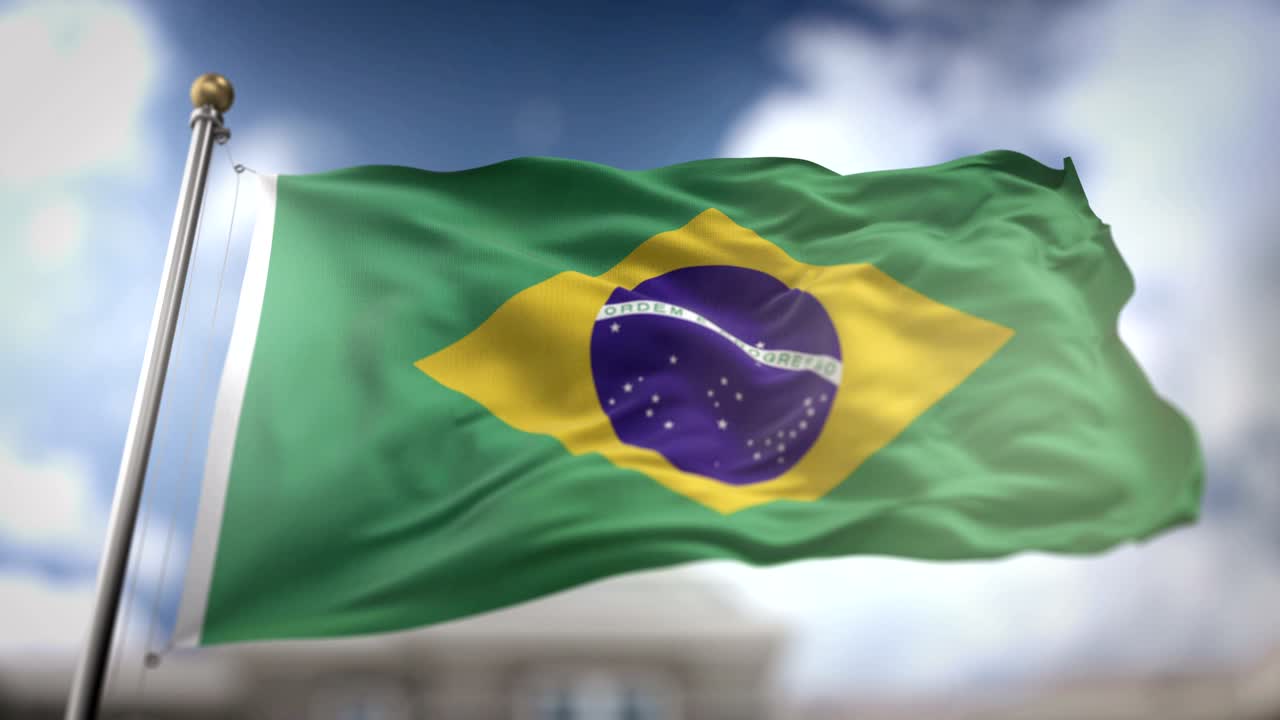Brasiliens flag vajende i slowmotion 3D-gengivelse med blå himmel baggrund - sømløs loop 4K
