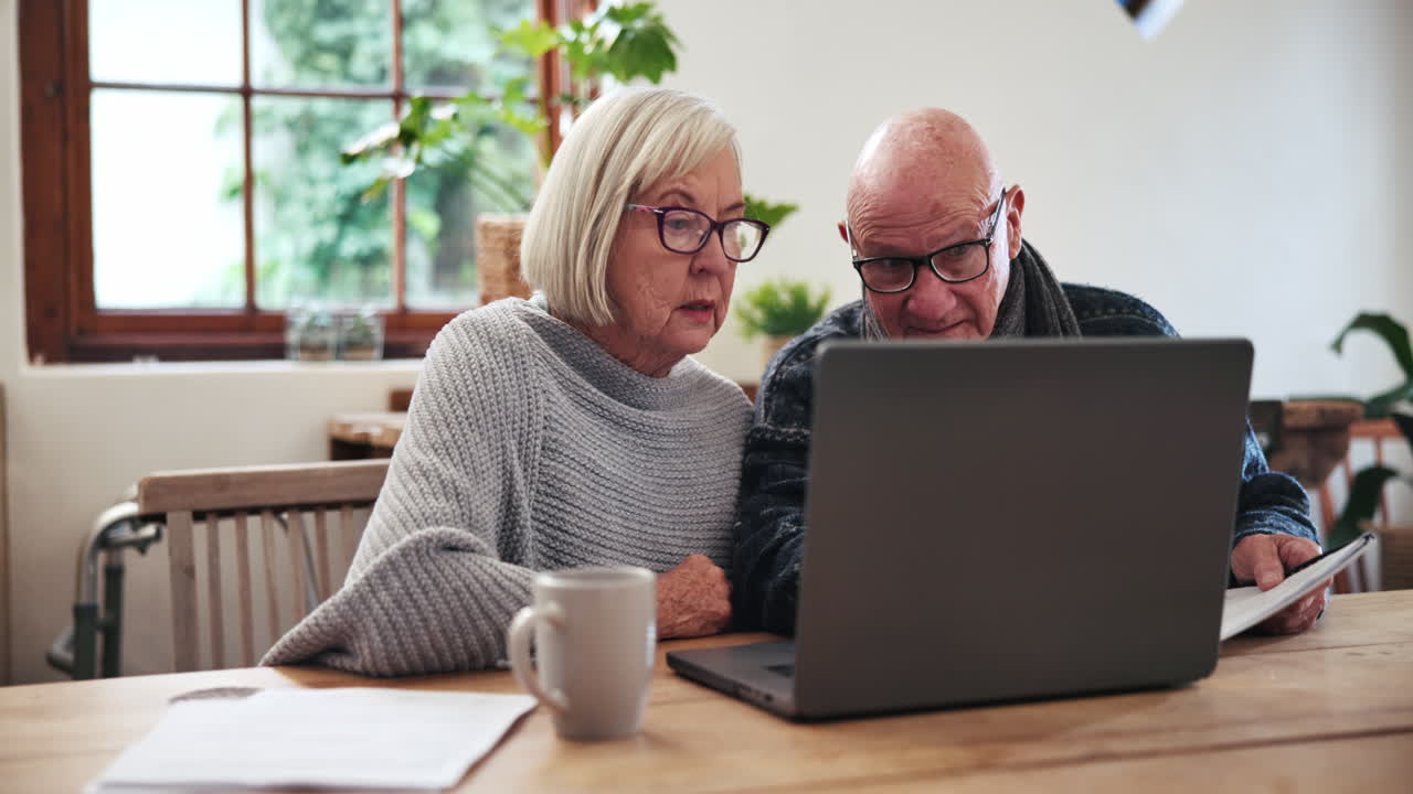 Senior, couple or documents with laptop