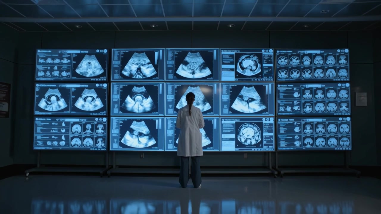 Scansioni in aggiornamento, clinico in camice bianco che studia la parete del display in una suite in penombra, fetale e assiale destro.
