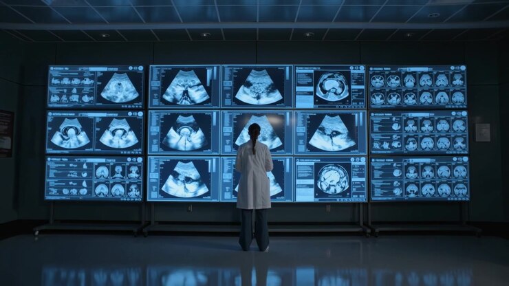 Scansioni in aggiornamento, clinico in camice bianco che studia la parete del display in una suite in penombra, fetale e assiale destro.