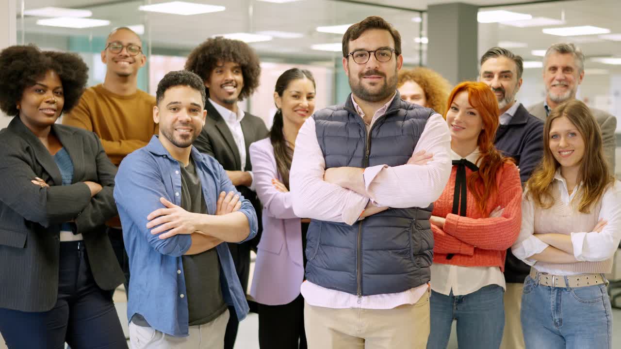 Work team of a coworking with boss leading them