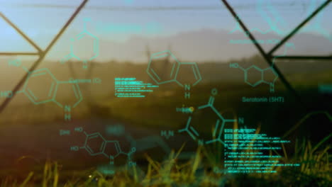 chemical structures with program codes and a background of transmission towers