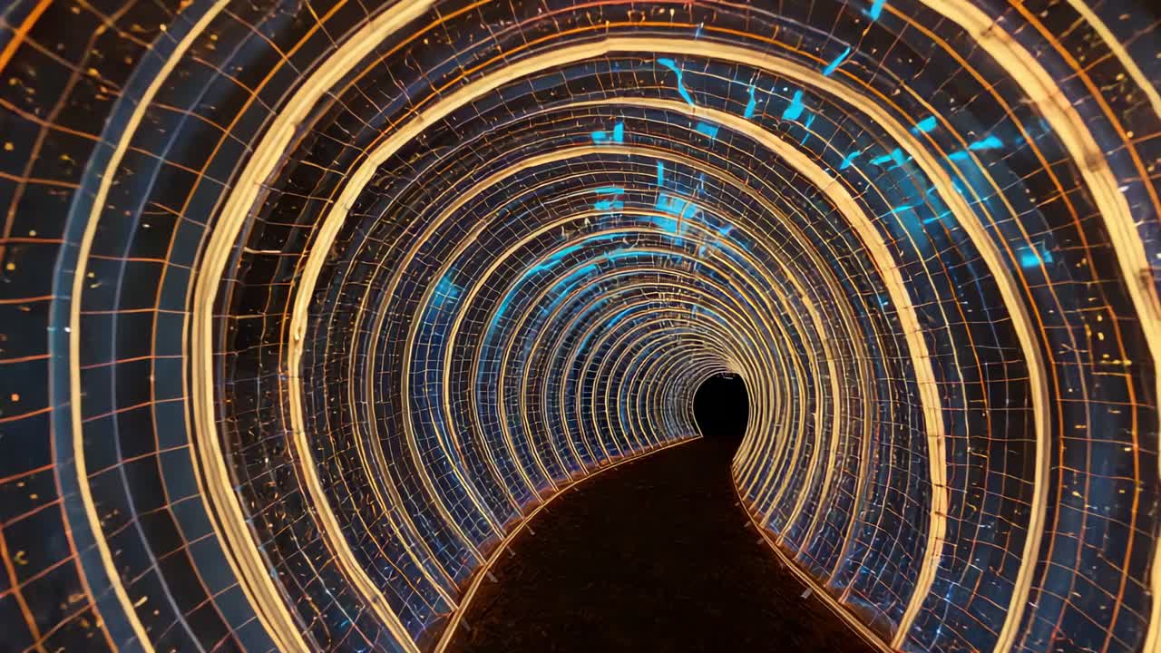 Starting camera moving forward through light tunnel walkway, with golden-blue LED rings