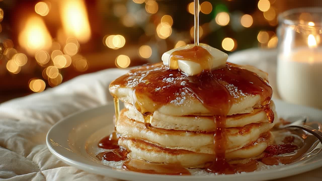 Delicious Stack of Buttermilk Pancakes Drizzled with Warm Maple Syrup and Topped with Creamy Butter, Perfect for Cozy Breakfast Moments by the Fireplace