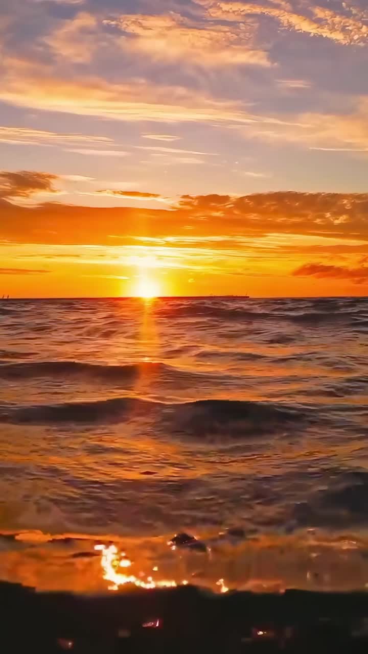 A stunning sunset over the ocean captured at eye level, perfect for a calming video backdrop, Live