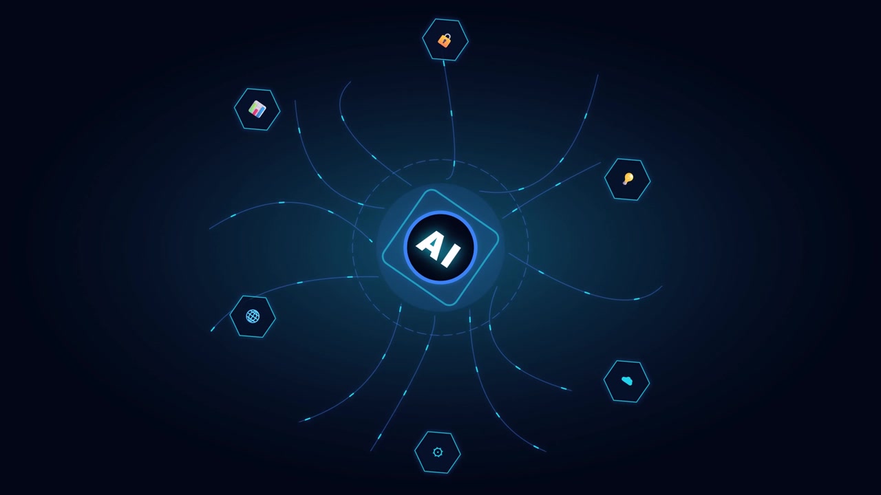 Artificial Intelligence Network Concept with Rotating Digital Icons