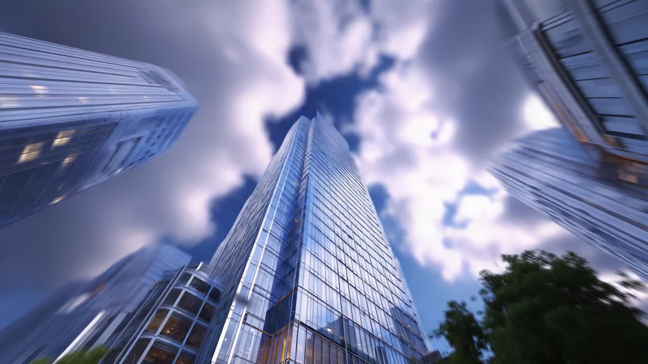 Um arranha-céu majestoso sob um céu nublado e dramático ao entardecer, exibindo uma fachada de vidro reflexiva e arquitetura urbana moderna em uma perspectiva dinâmica