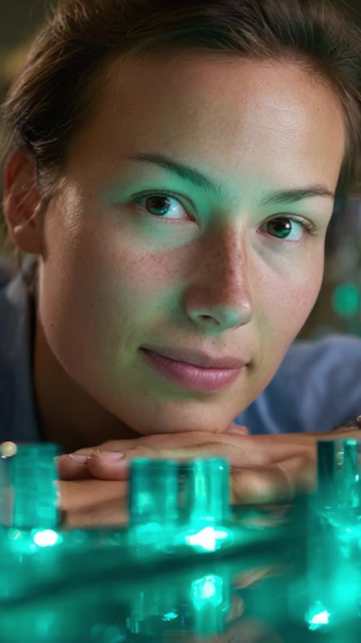 A close-up shot of a woman with a serene expression amidst glowing green lights, reflecting contemplation and curiosity in a beautifully lit environment