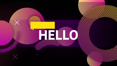 Animation-of-hello-text-over-shapes-on-black-background