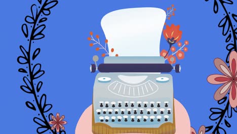 animación de una máquina de escribir con decoración de primavera de pascua sobre un fondo azul
