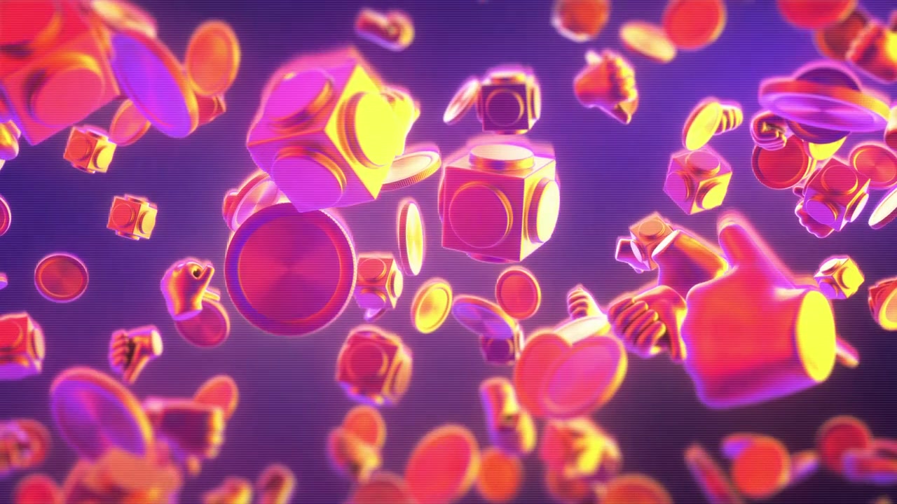 Caramelle 3D colorate che fluttuano su sfondo viola.