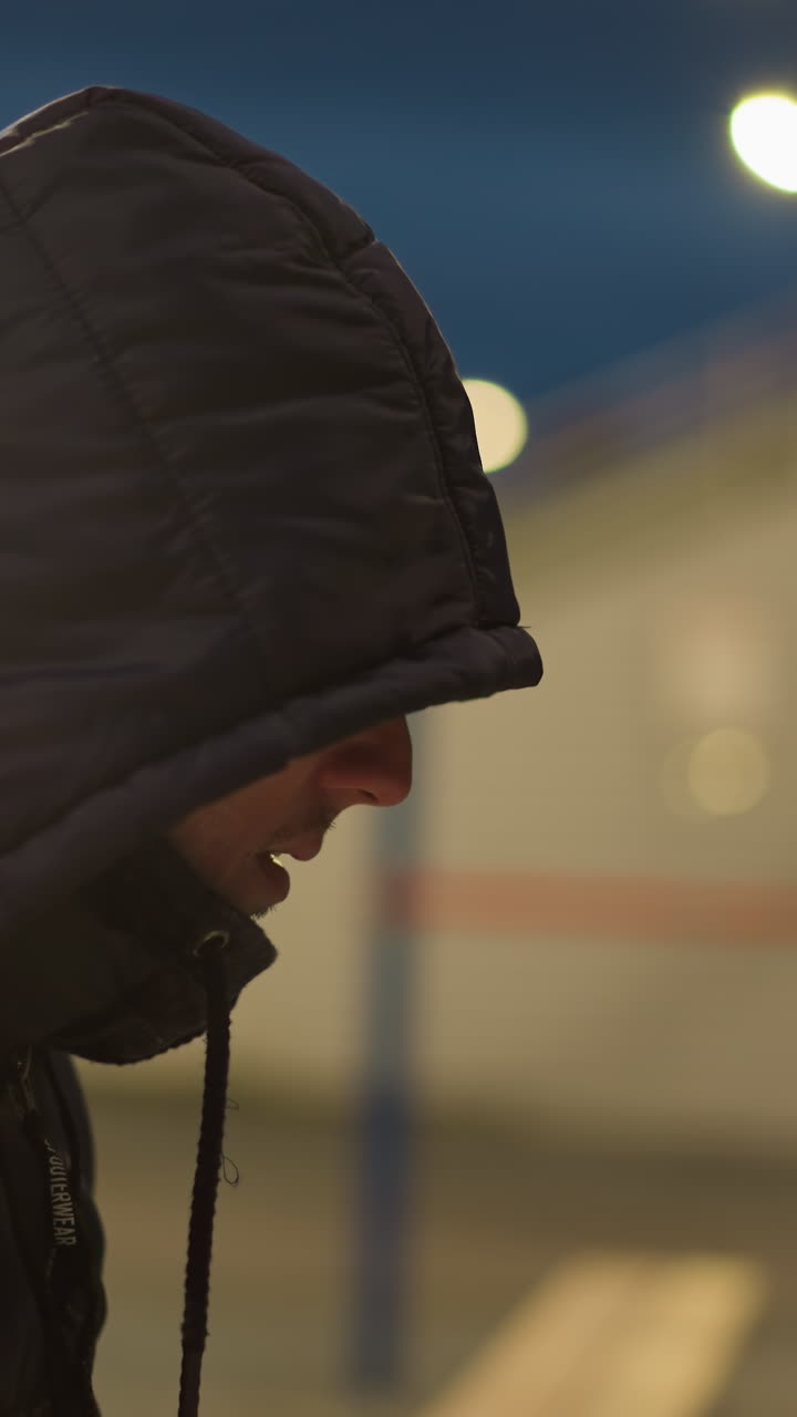 vista lateral de cerca de una persona que lleva una chaqueta con capucha con luz brillante que se refleja en él y los alrededores, con vista borrosa de la pared