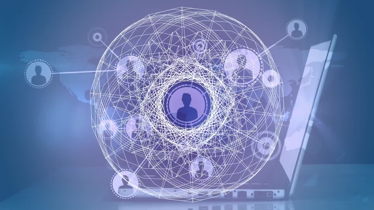 파란색 배경에 노트북을 통해 아이콘과 모양으로 연결 네트워크의 애니메이션