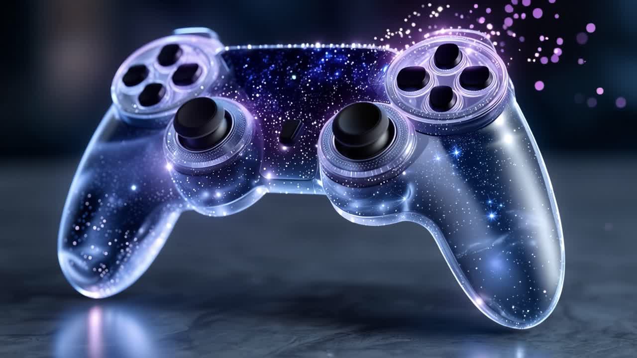 Cosmic controller glows with digital particles. Purple sparkles float around its edges. Shiny surface reflects ambient light softly. No people are visible. Ideal for gaming or tech-related projects
