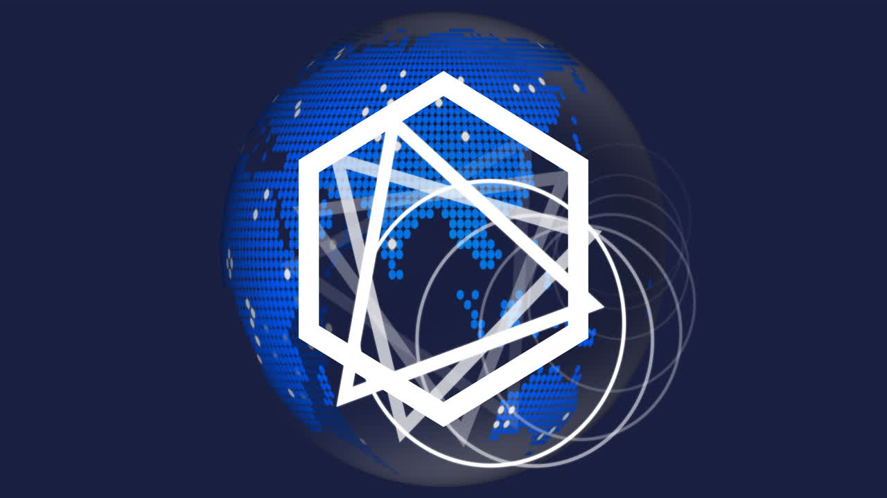 Animation of geometric shapes and digital globe with network on dark background