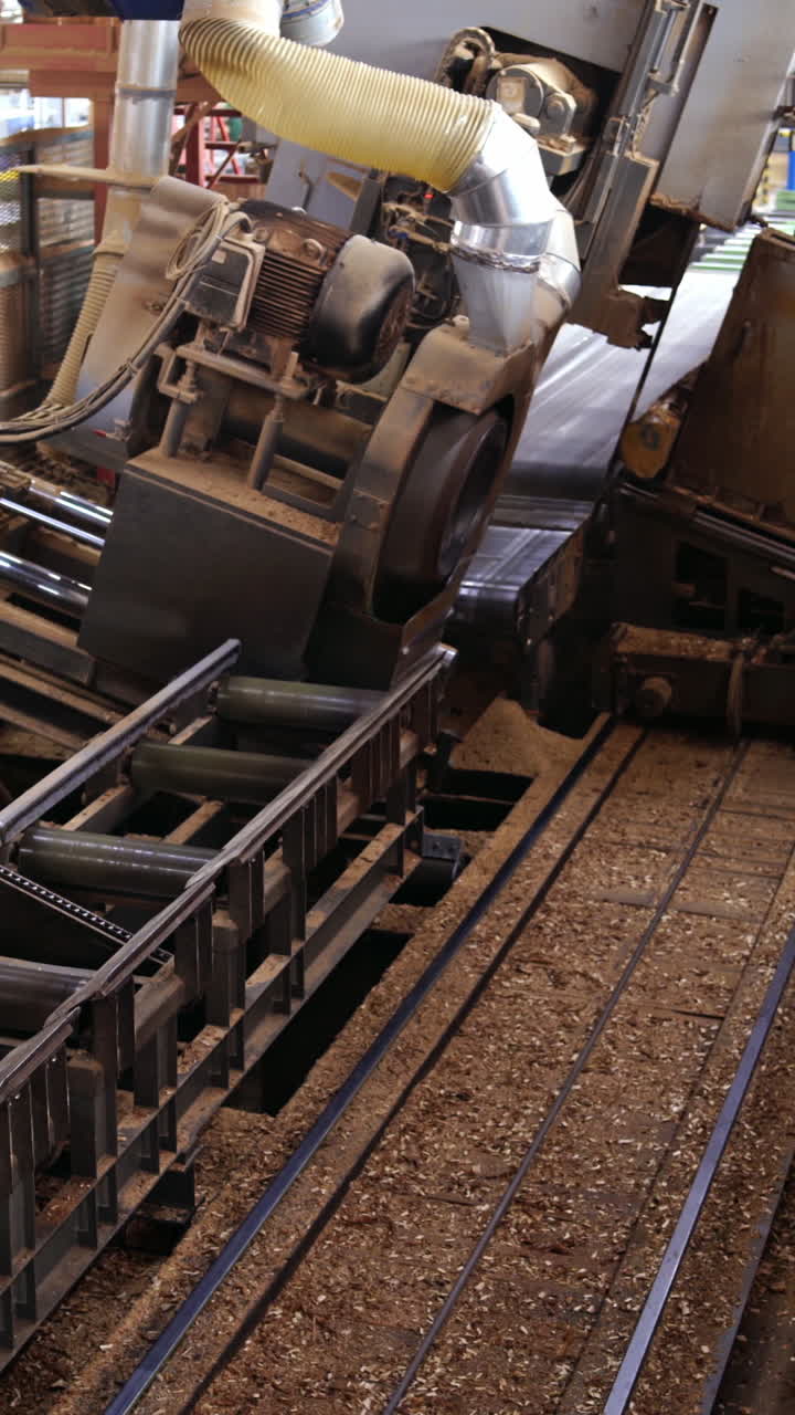 Interior of sawmill with lumber pile. Production of wooden boards with machines. Vertical video