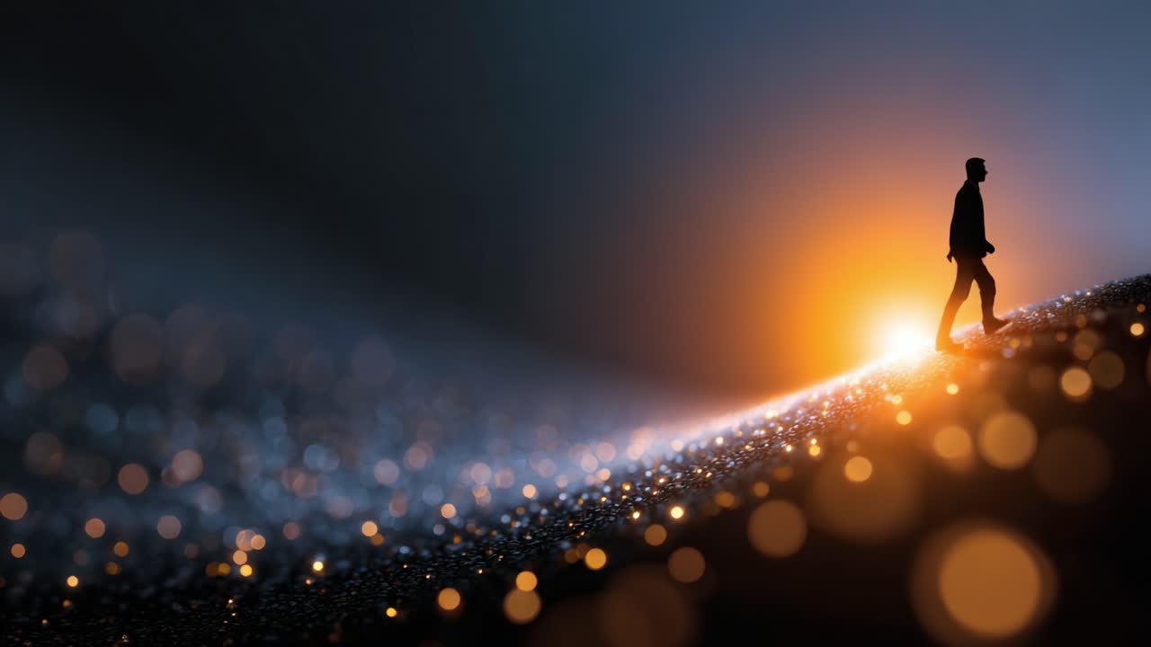 A solitary figure walks along a sparkling landscape at dawn, illuminated by a warm glow, embodying the essence of journey, hope, and self-discovery amidst shimmering light