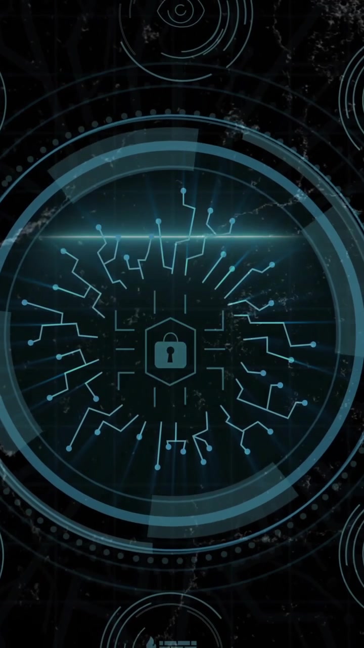Digital security interface with circuit board animation over dark background