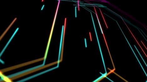 línea abstracta iluminación hexagonal en movimiento rosa amarillo y azul color, red de tecnología concepto de transferencia de datos digitales diseño, brillando en fondo negro animación de bucle sin costuras 4k con espacio de copia