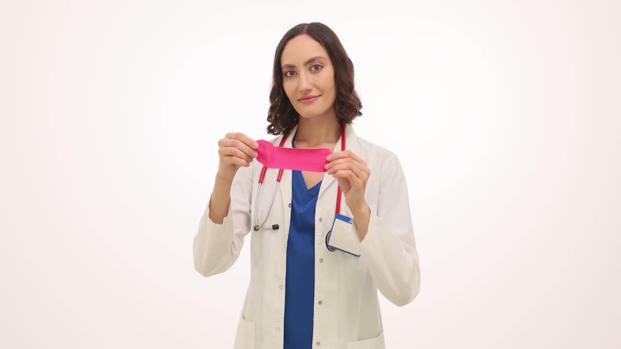 Female Doctor Holding and Examining a Pink Resistance Band