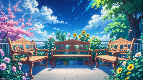 vibrant terrace garden with benches and blooming flowers