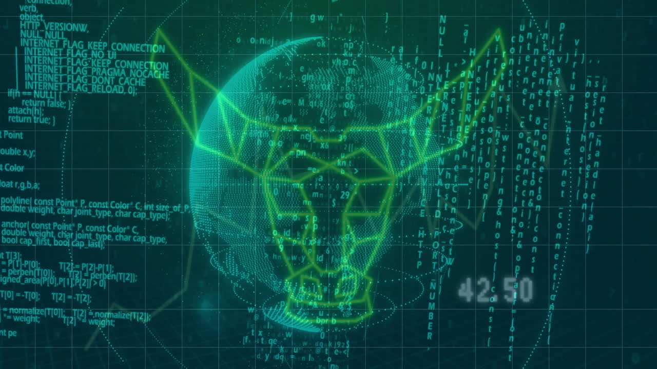Globe with data and coding animation over green digital background