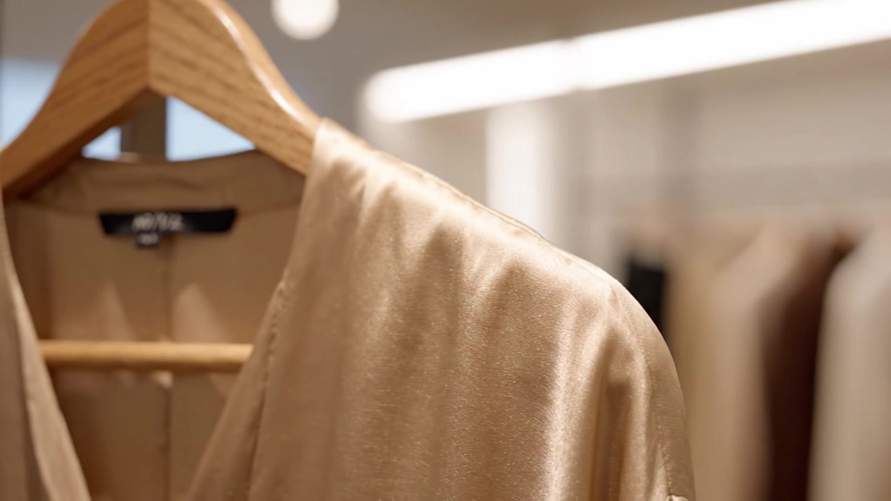 Un elegante capo in raso esposto con raffinatezza su una gruccia di legno in un ambiente di negozio di moda dal design ricercato, con illuminazione soffusa e una messa a fuoco delicata.